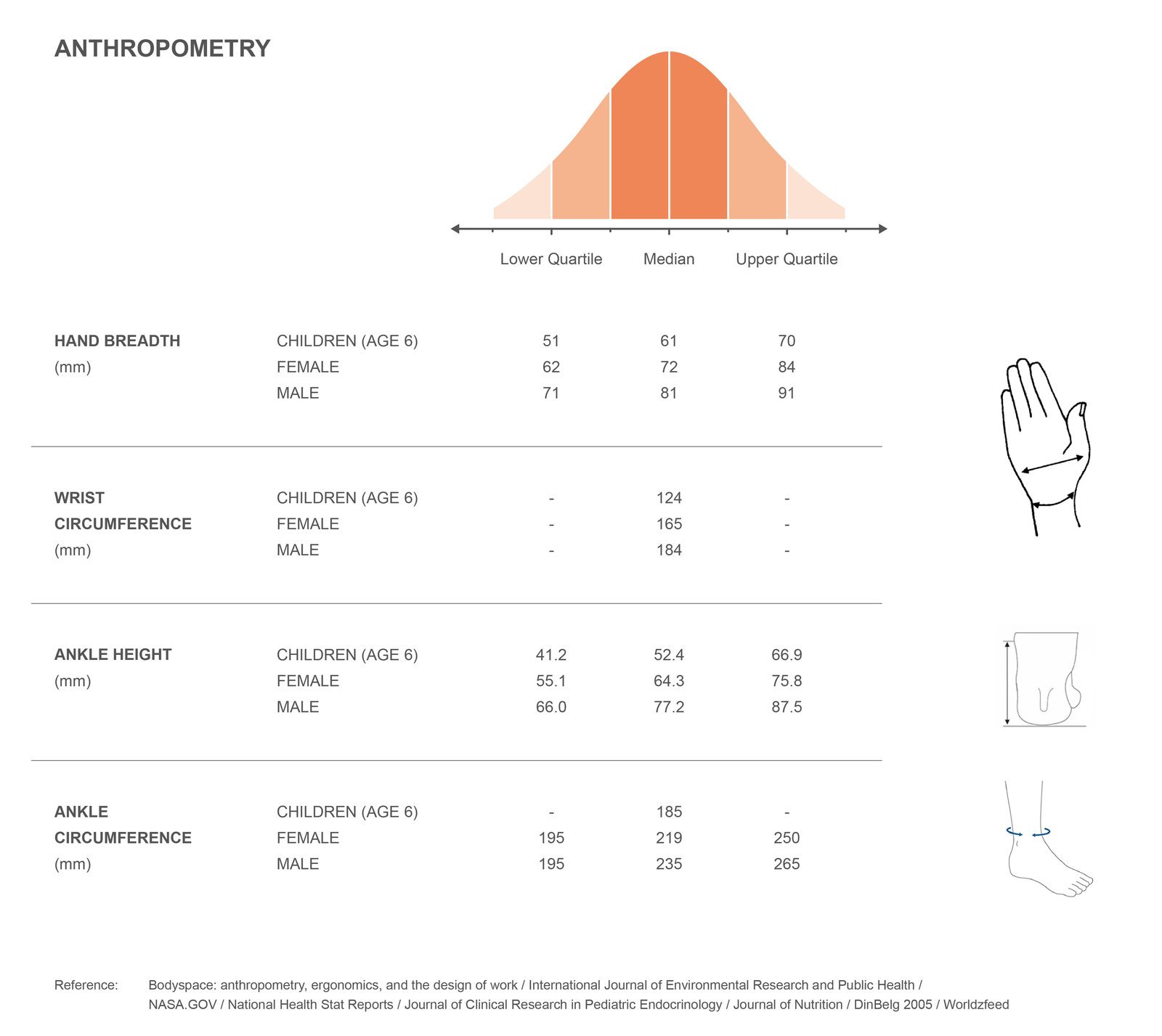 Anthropometry reference table: hand breadth, wrist circumference, ankle height, and ankle circumference for children, female, and male populations