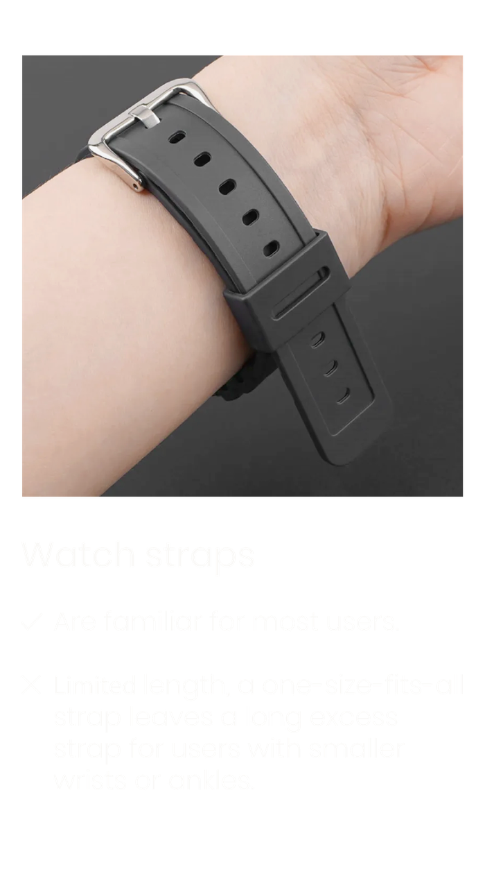 Watch straps: familiar for most users, but their limited one-size-fits-all length leaves a long excess strap for users with smaller wrists or ankles.