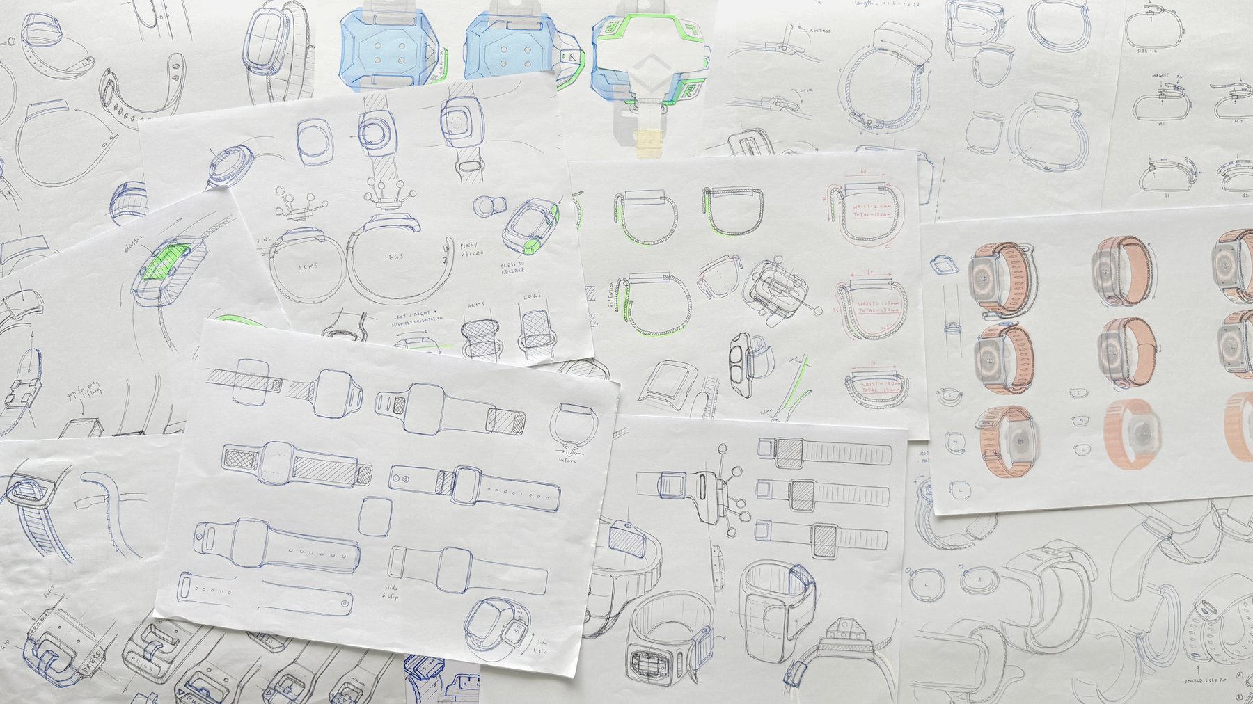 Concept sketch sheets exploring strap and tracker forms