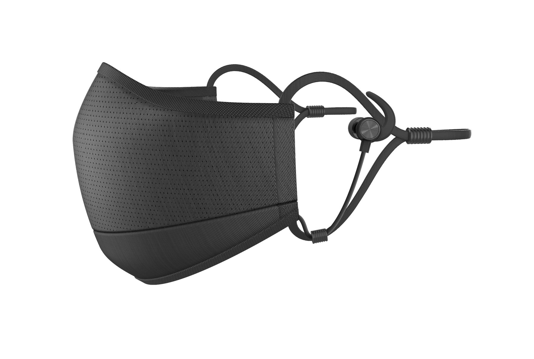 Side view of MaskFone with integrated earphones
