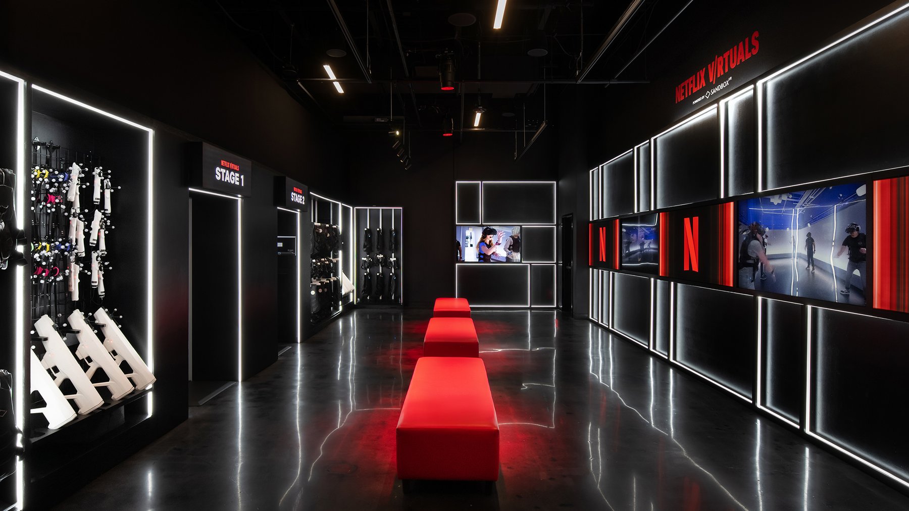 Netflix V/RTUALS gear room with illuminated stage entrances