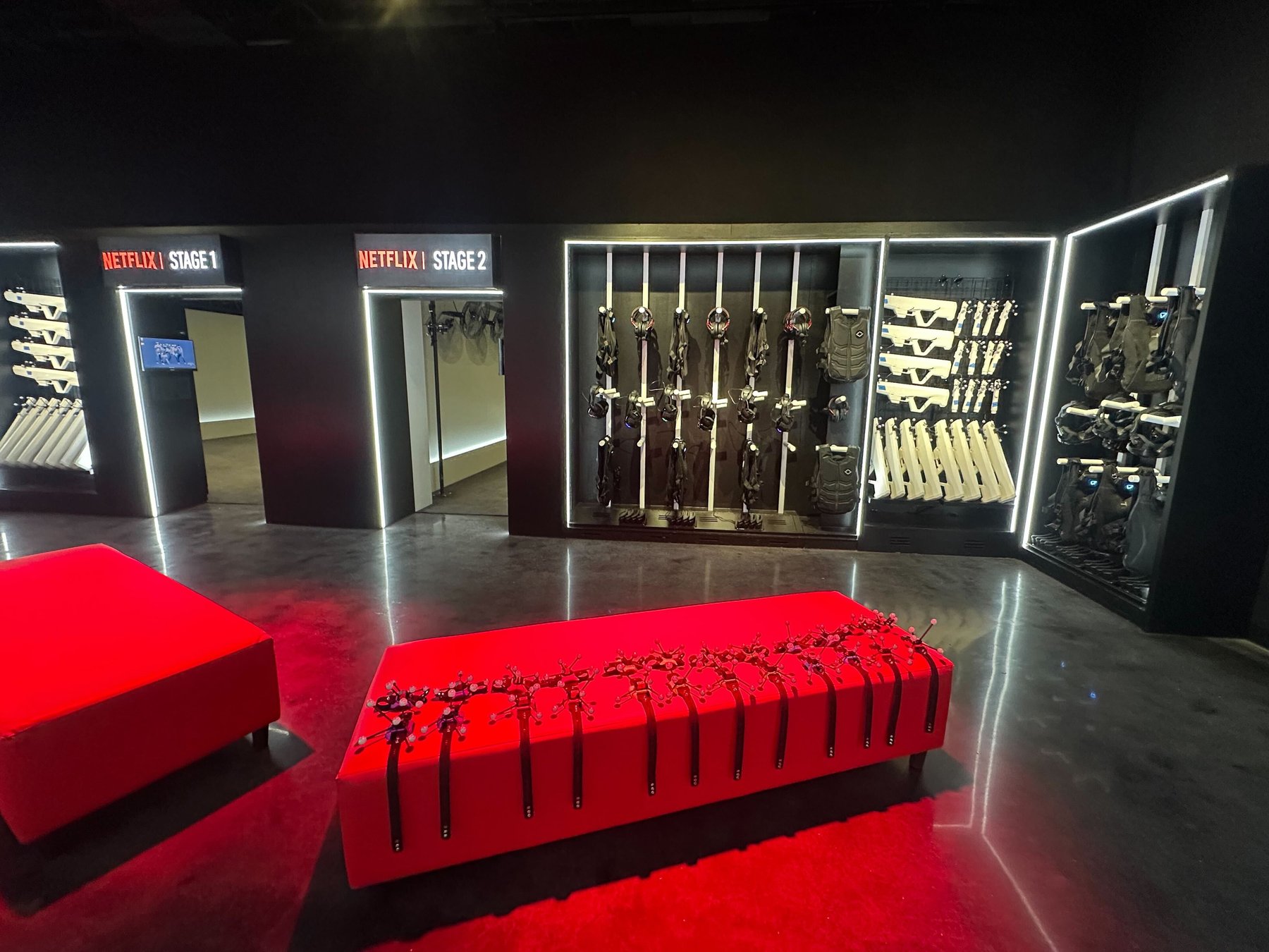 Stage entrances and organised VR equipment at Netflix House