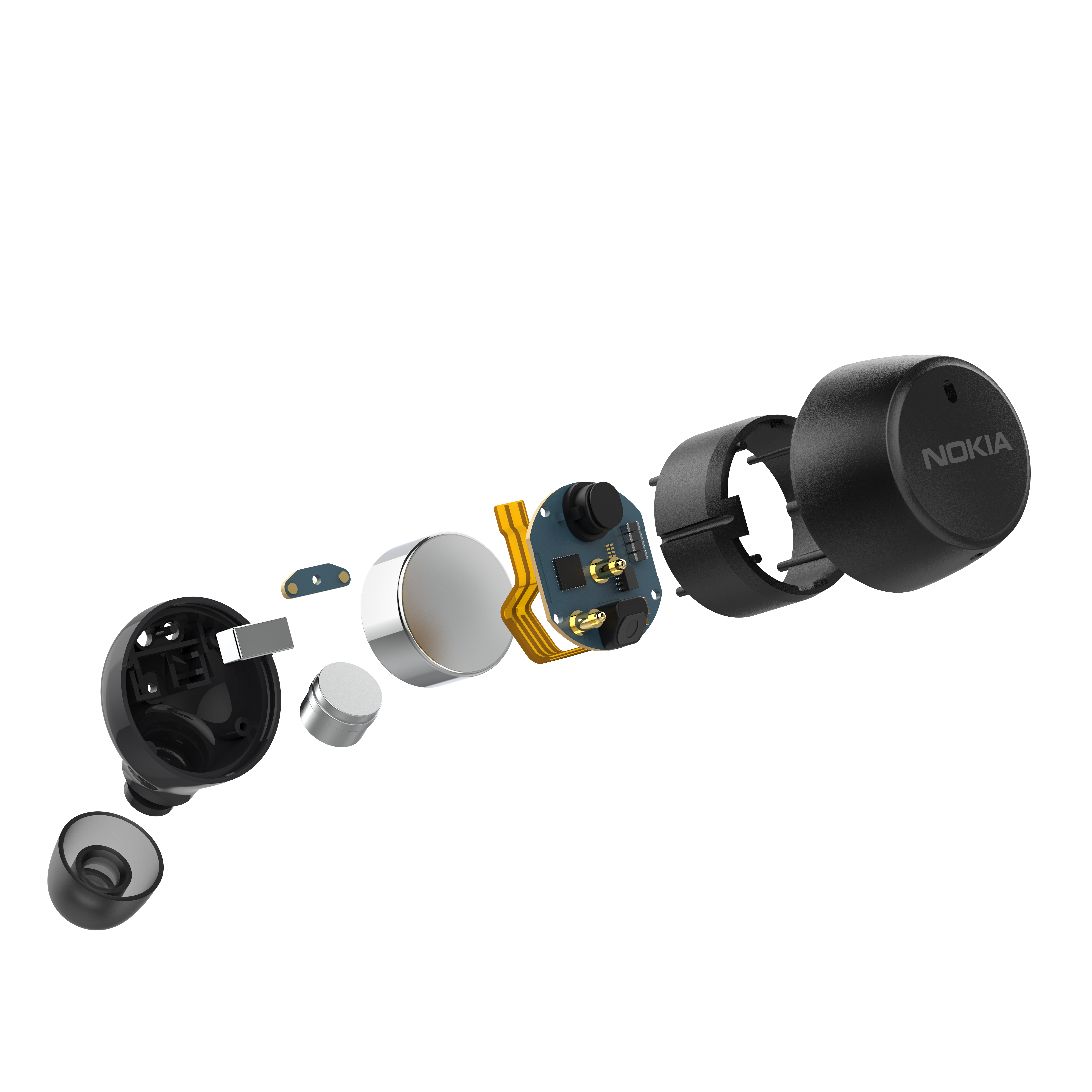 Black Nokia earbuds and charging case