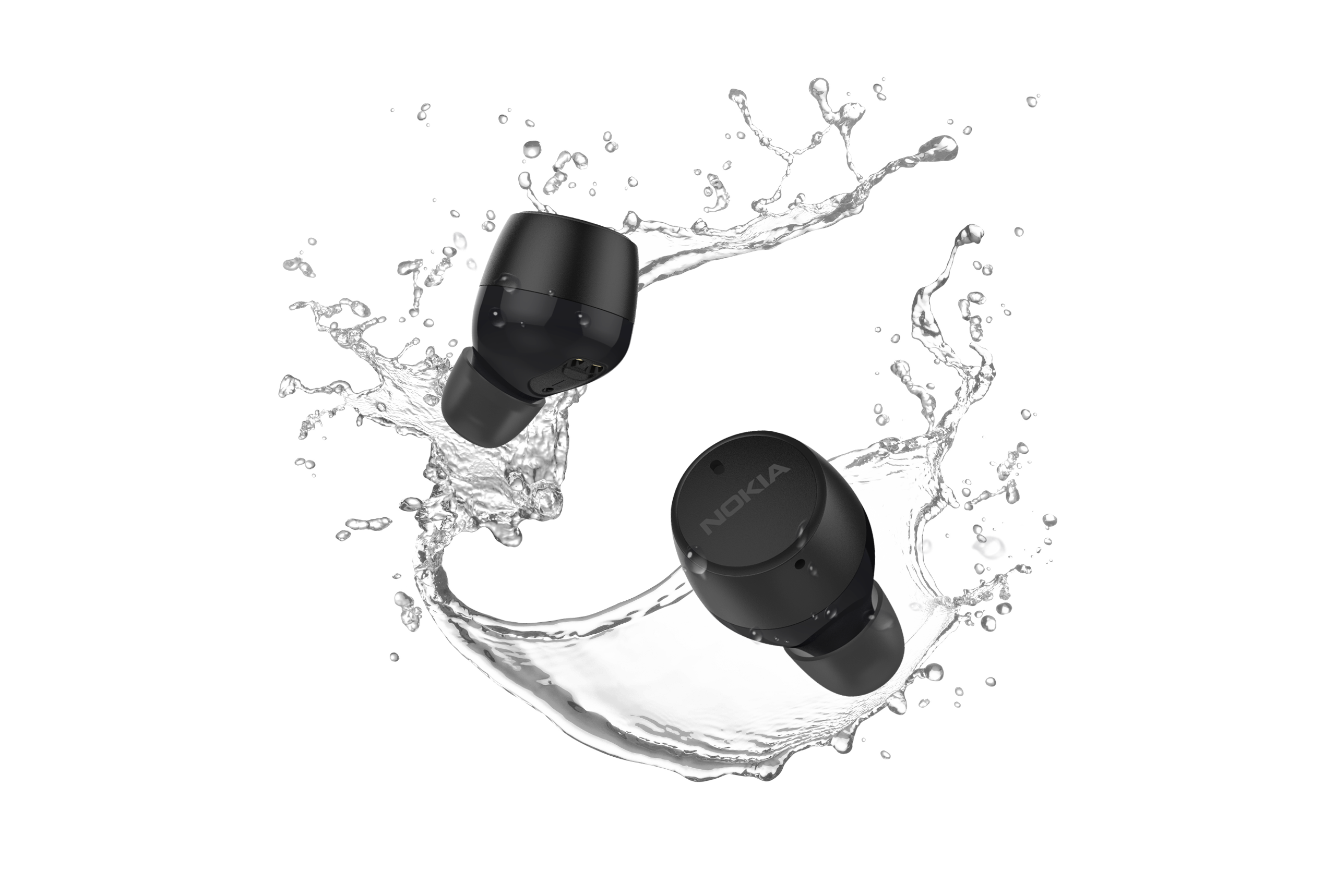 Nokia earbuds surrounded by a splash of water