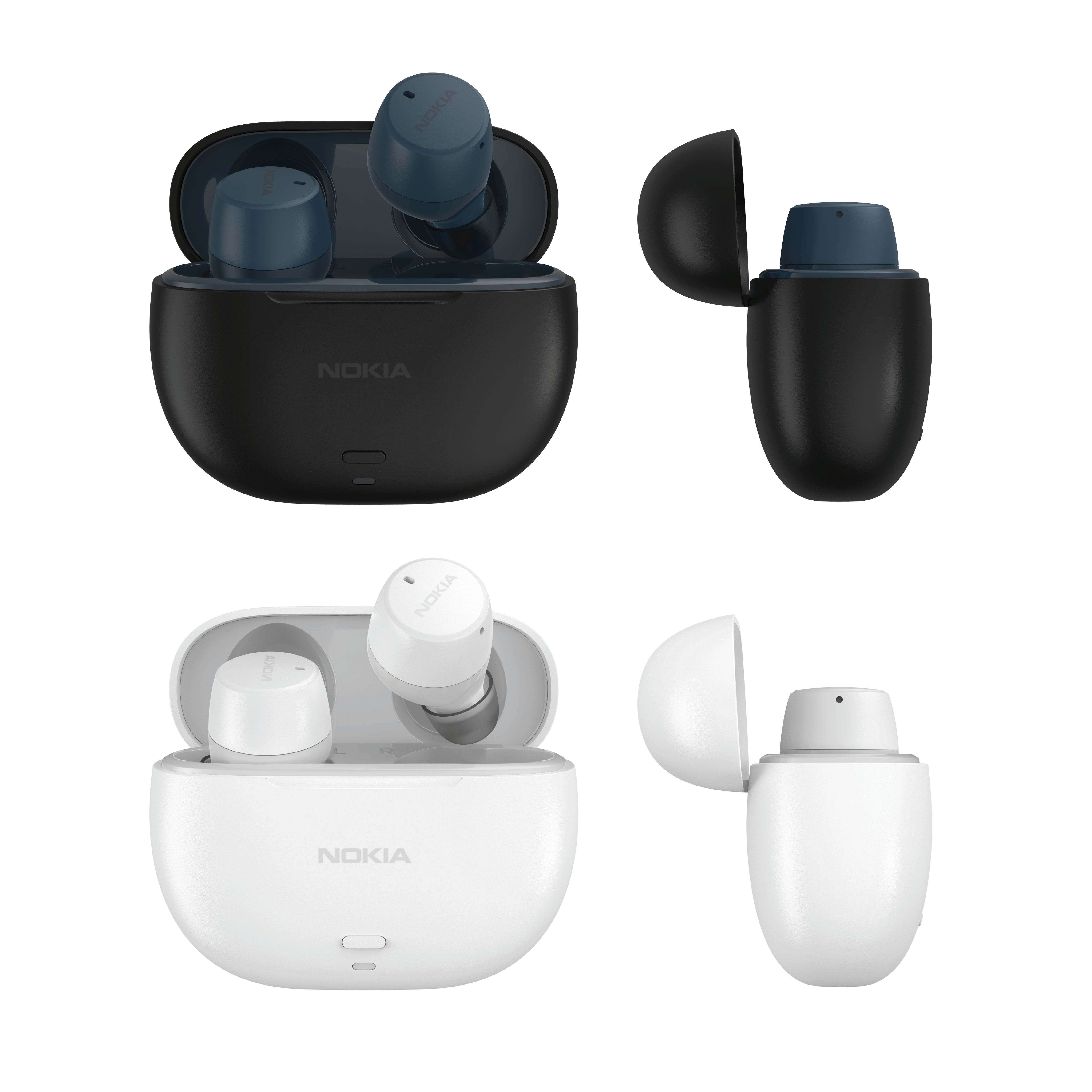 Black and white Nokia earbuds with charging cases