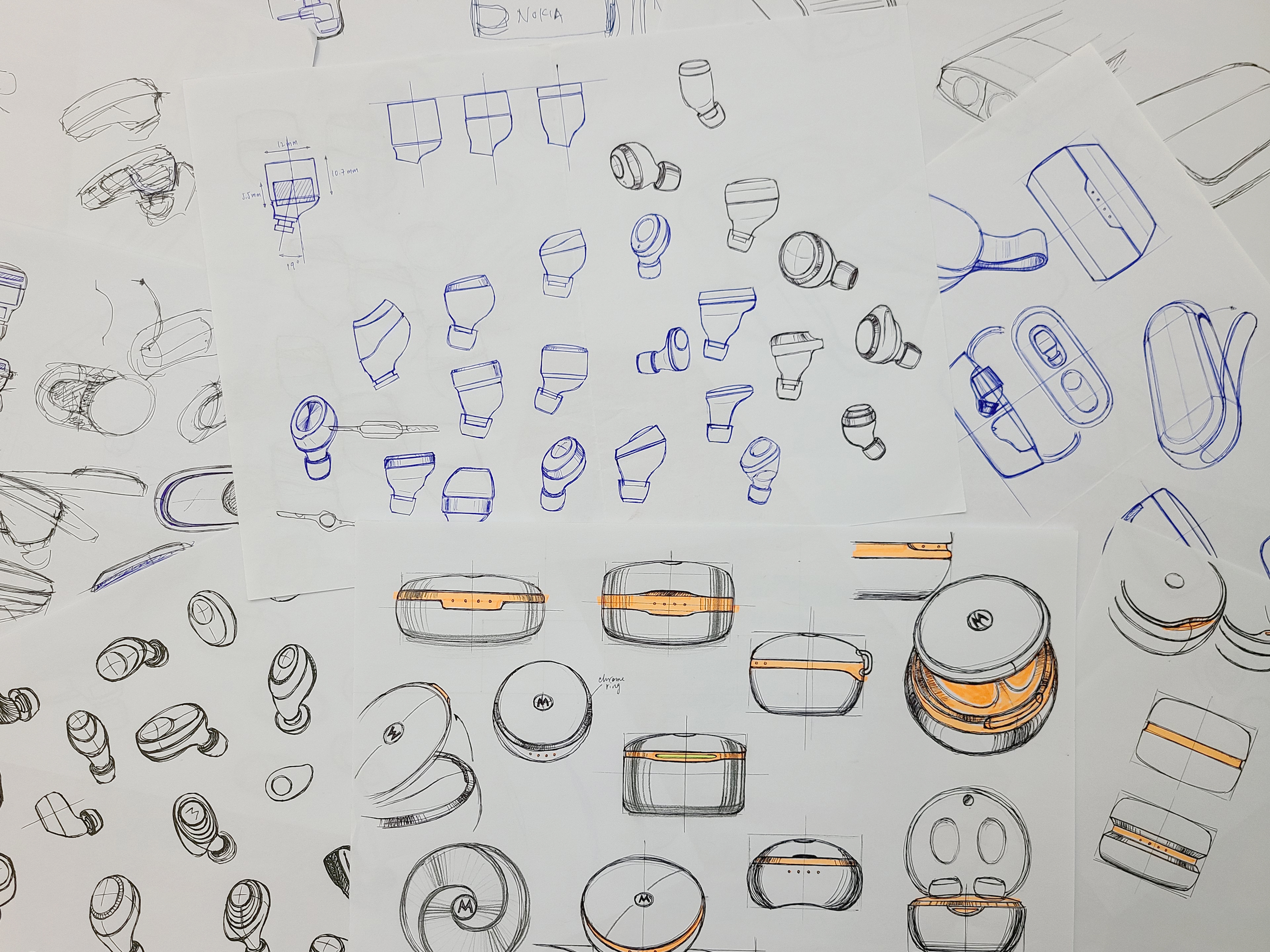 Earbud and charging case concept sketches
