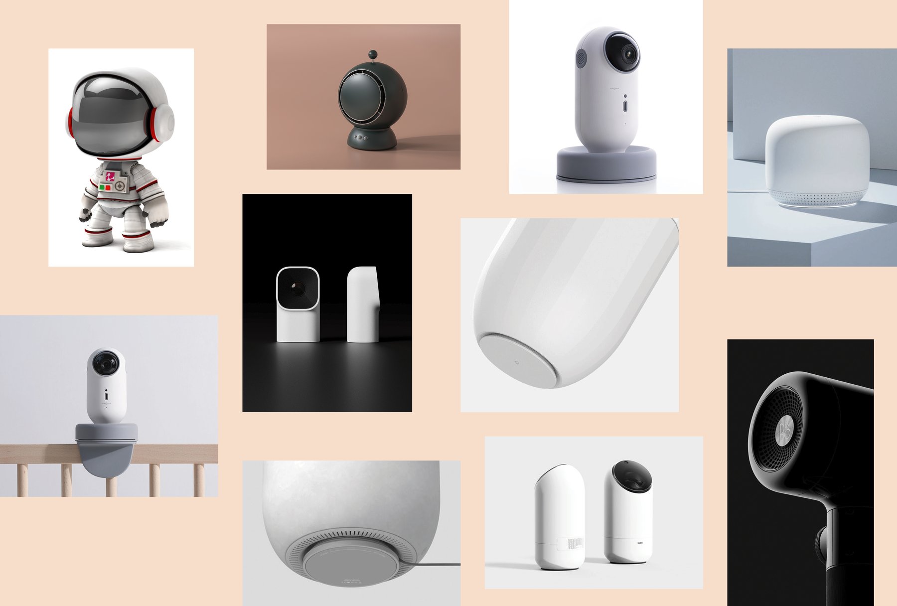Moodboard of minimal, rounded smart-home products