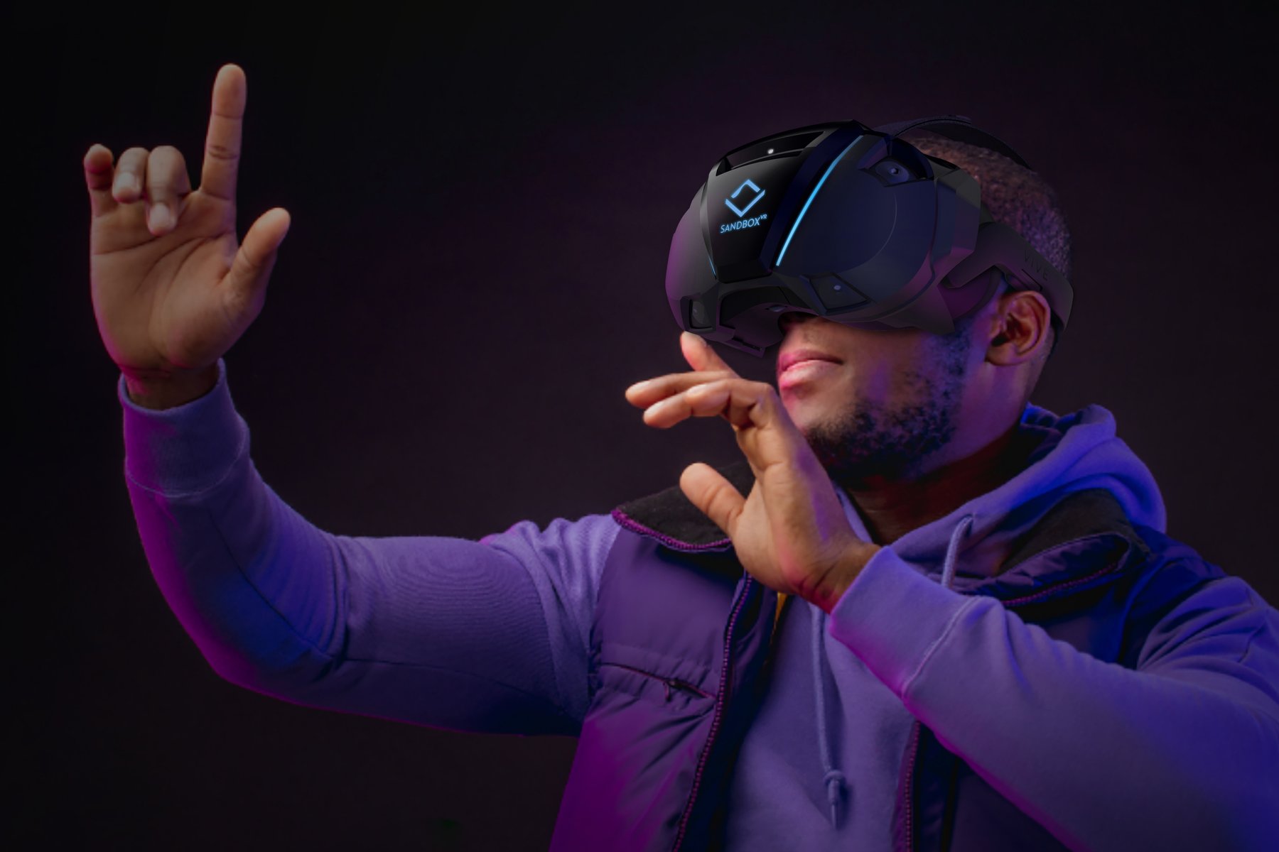 Player wearing the Sandbox VR active head tracker