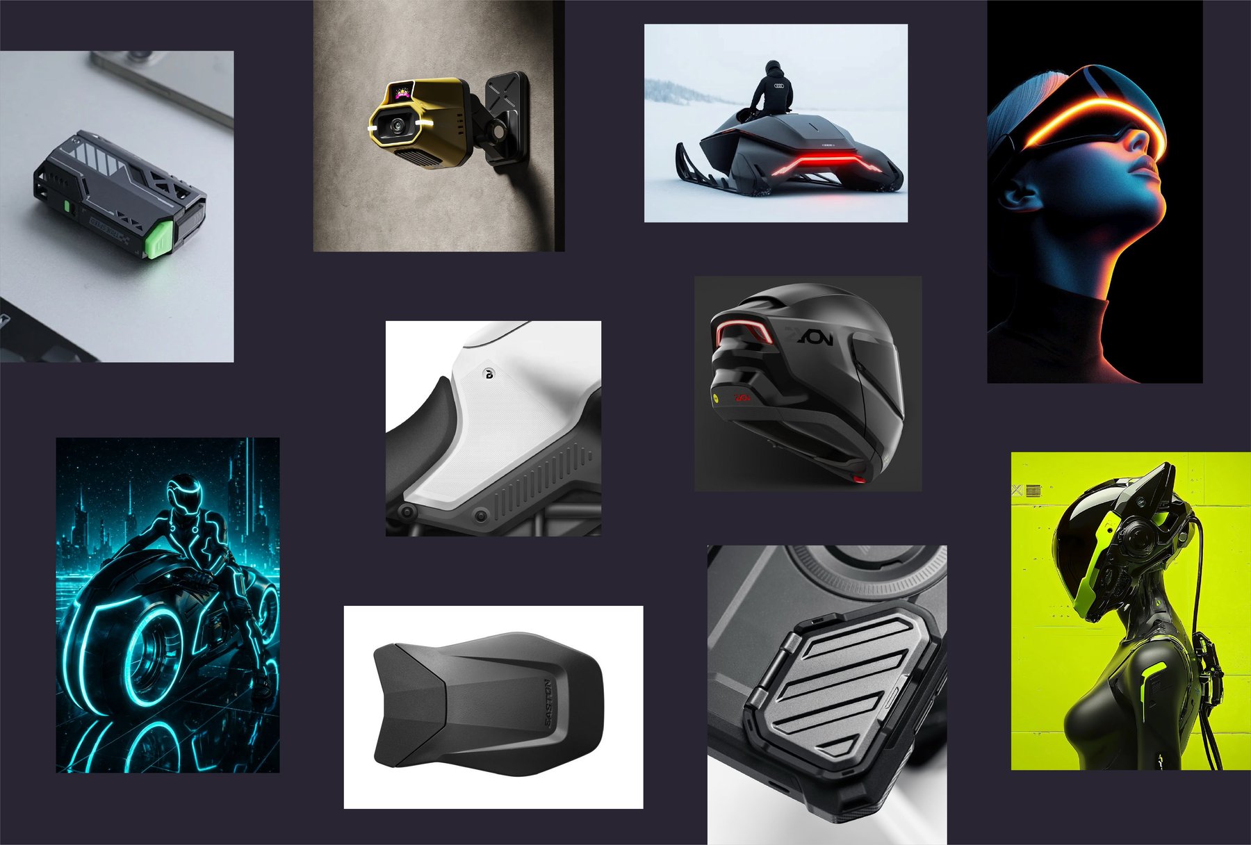 Moodboard collage of rugged, cyberpunk product references
