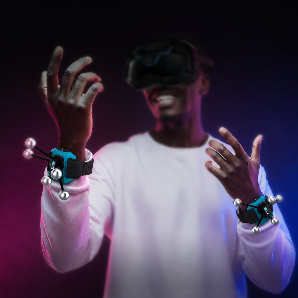 Player wearing VR headset and wrist-mounted limb trackers