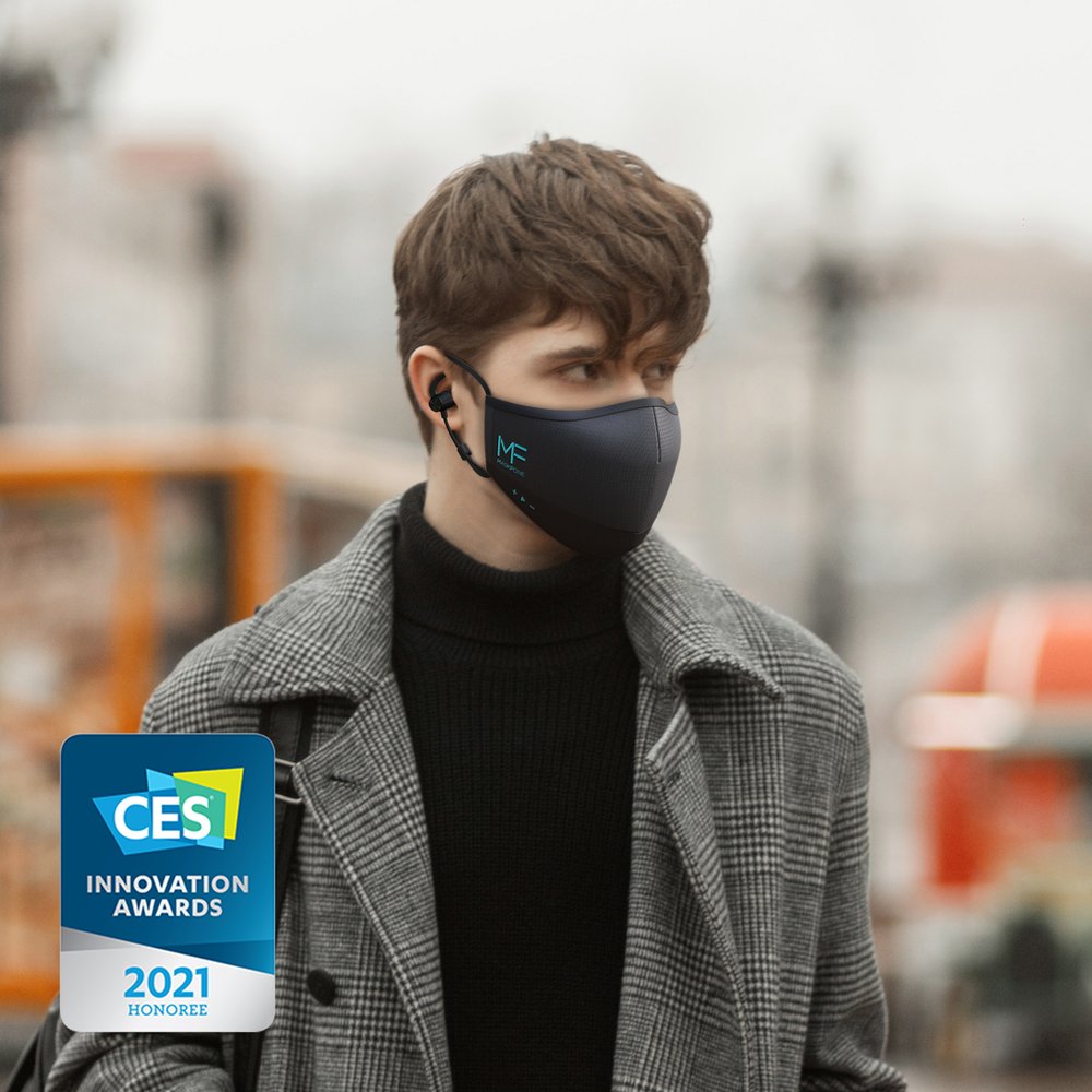 MaskFone worn on the street, CES Innovation Award 2021 honoree