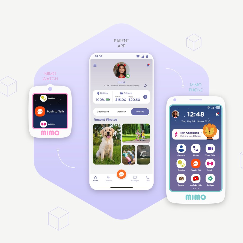 Mimo watch, parent app, and phone shown together