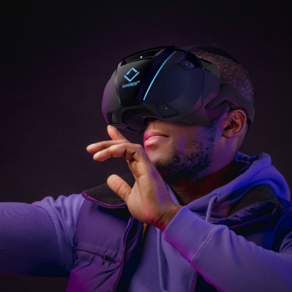 Player wearing the Sandbox VR active head tracker